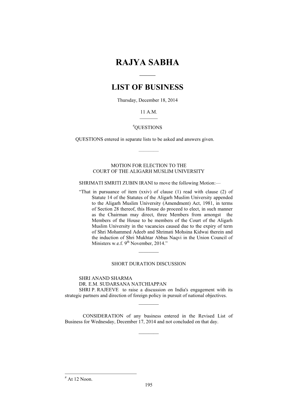 Rajya Sabha —— List of Business