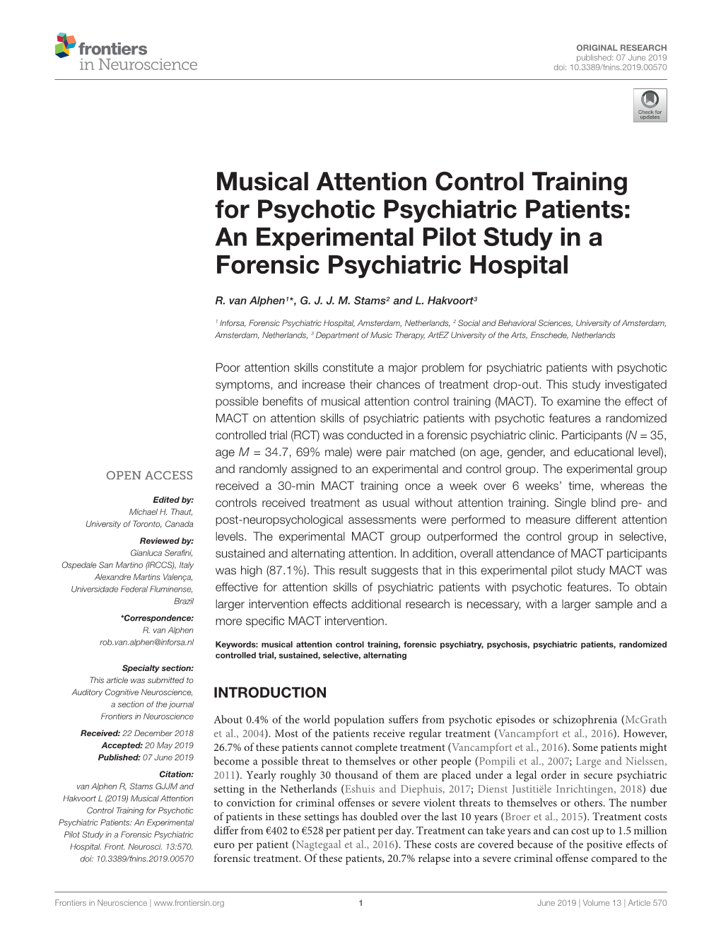 Musical Attention Control Training for Psychotic Psychiatric Patients: an Experimental Pilot Study in a Forensic Psychiatric Hospital