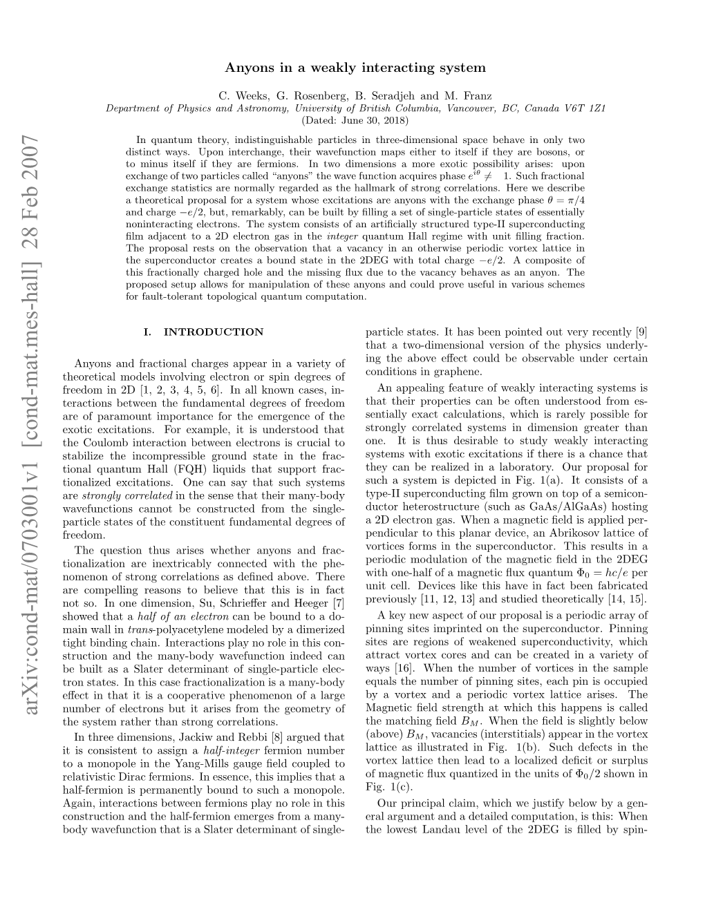 Cond-Mat.Mes-Hall] 28 Feb 2007 R Opligraost Eiv Htti Si Fact [7] Heeger in and Is Schrieﬀer Su, This Dimension, a That That One Showed Believe in to There So