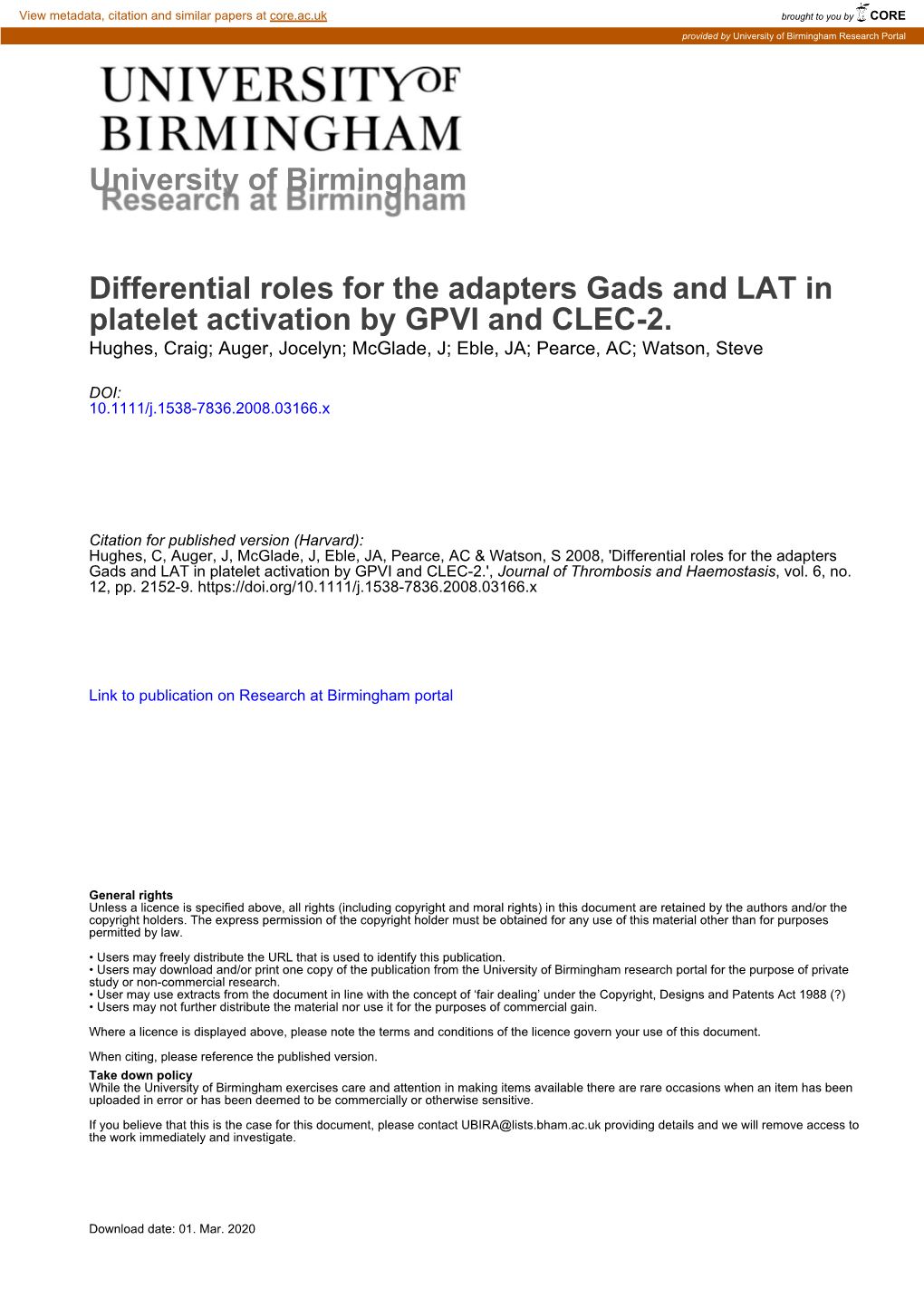 Differential Roles for the Adapters Gads and LAT in Platelet Activation by GPVI and CLEC-2