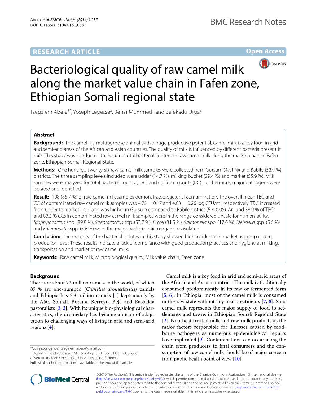 Bacteriological Quality of Raw Camel Milk Along the Market Value Chain In