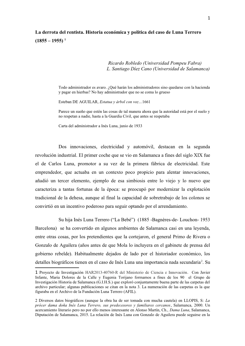 1 La Derrota Del Rentista. Historia Económica Y Política Del Caso De Luna Terrero (1855 – 1955) 1 Ricardo Robledo (Universid