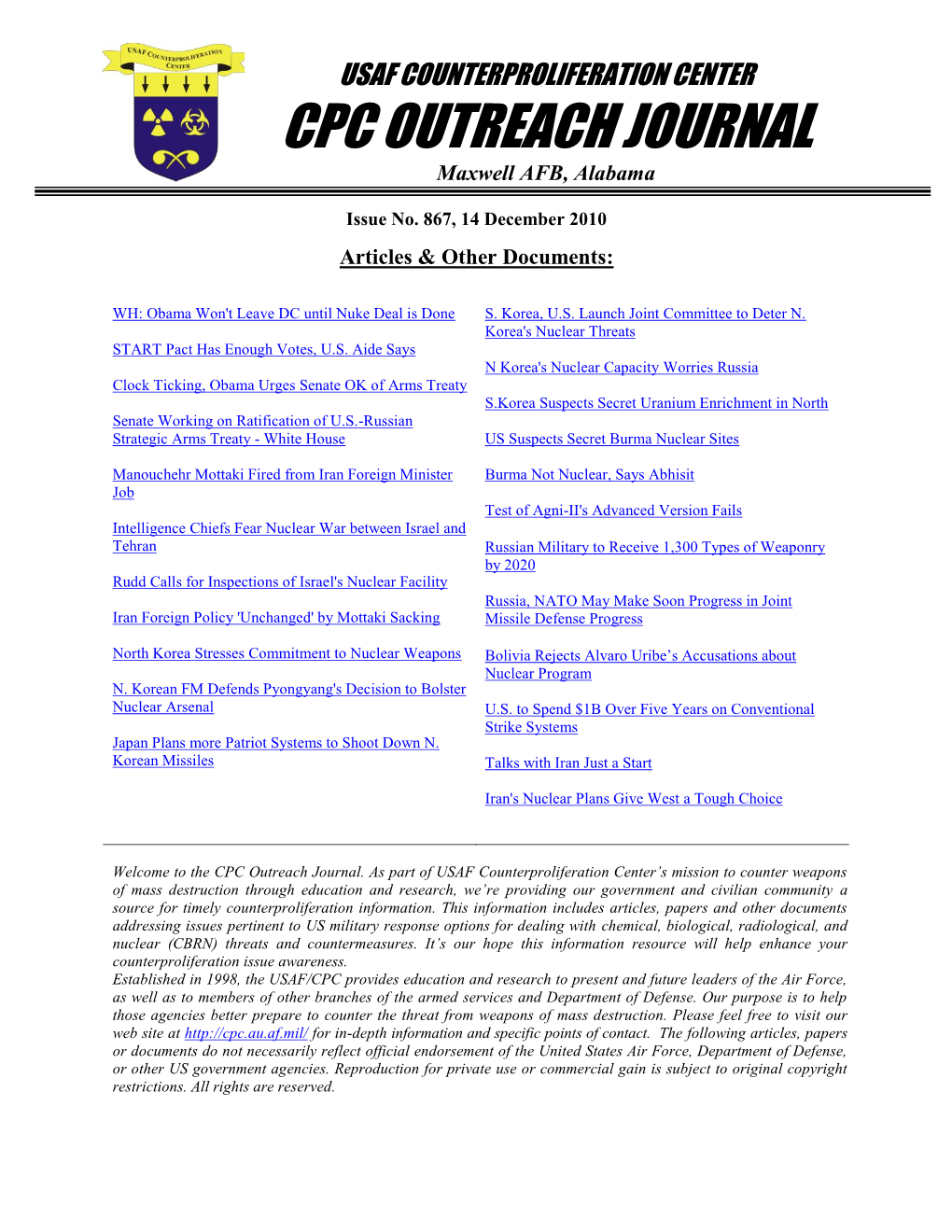 USAF Counterproliferation Center CPC Outreach Journal #867