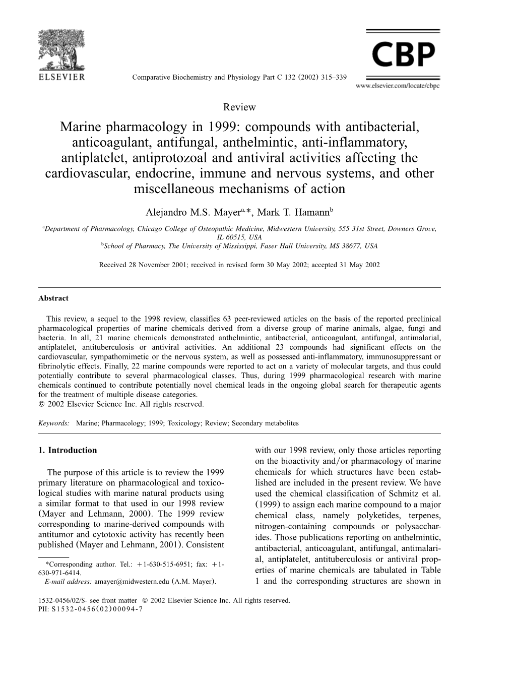 Marine Pharmacology in 1999: Compounds with Antibacterial