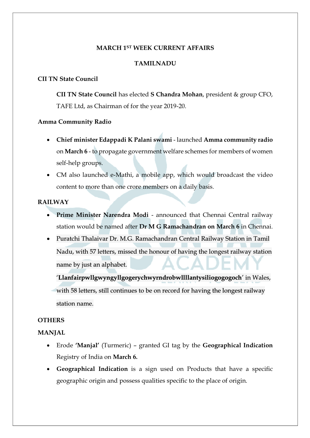 MARCH 1ST WEEK CURRENT AFFAIRS TAMILNADU CII TN State