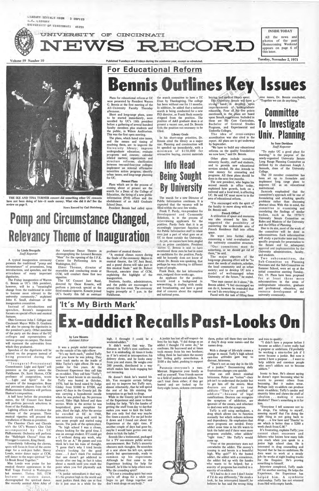 University of Cincinnati News Record. Tuesday, November 2, 1971. Vol