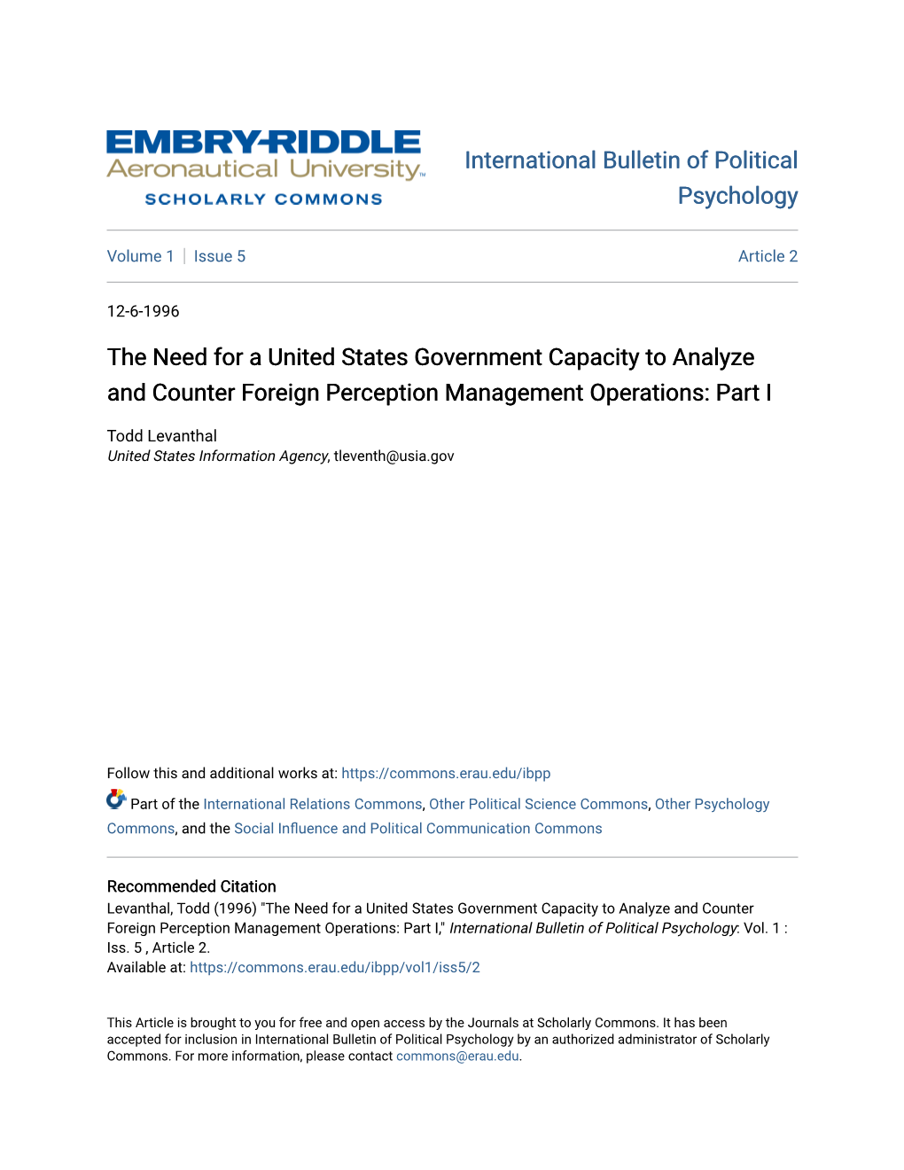 The Need for a United States Government Capacity to Analyze and Counter Foreign Perception Management Operations: Part I