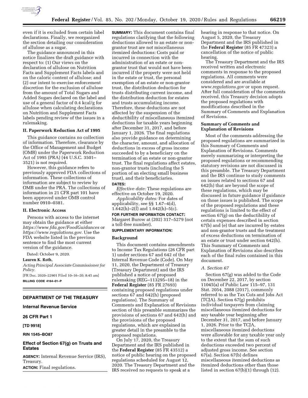 Federal Register/Vol. 85, No. 202/Monday, October 19, 2020/Rules and Regulations