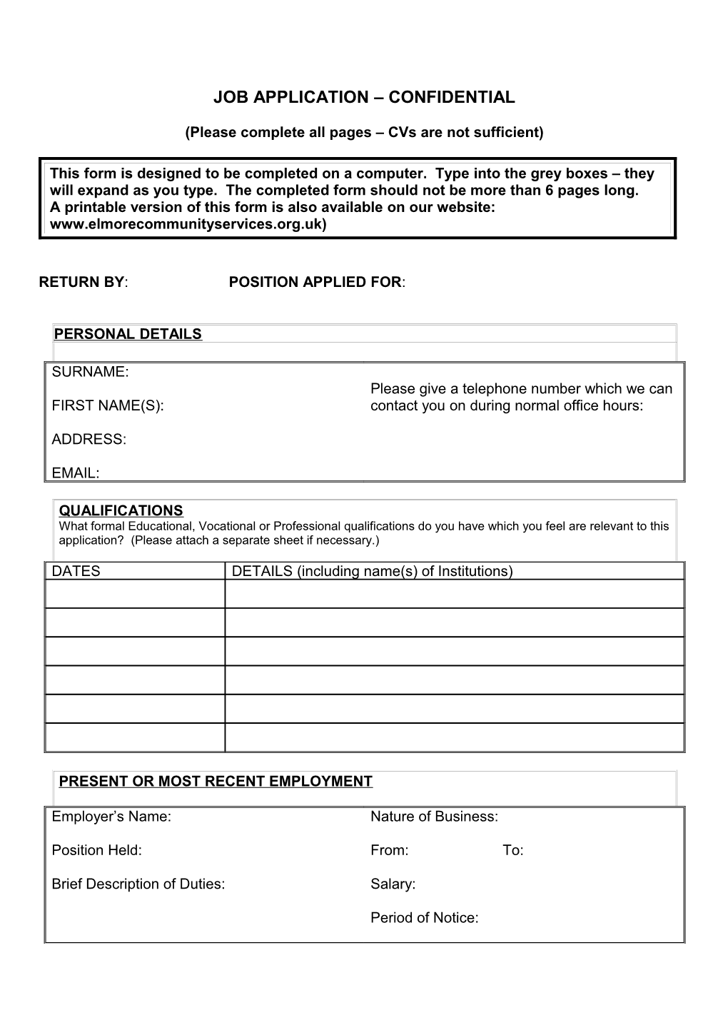 Job Application – Confidential