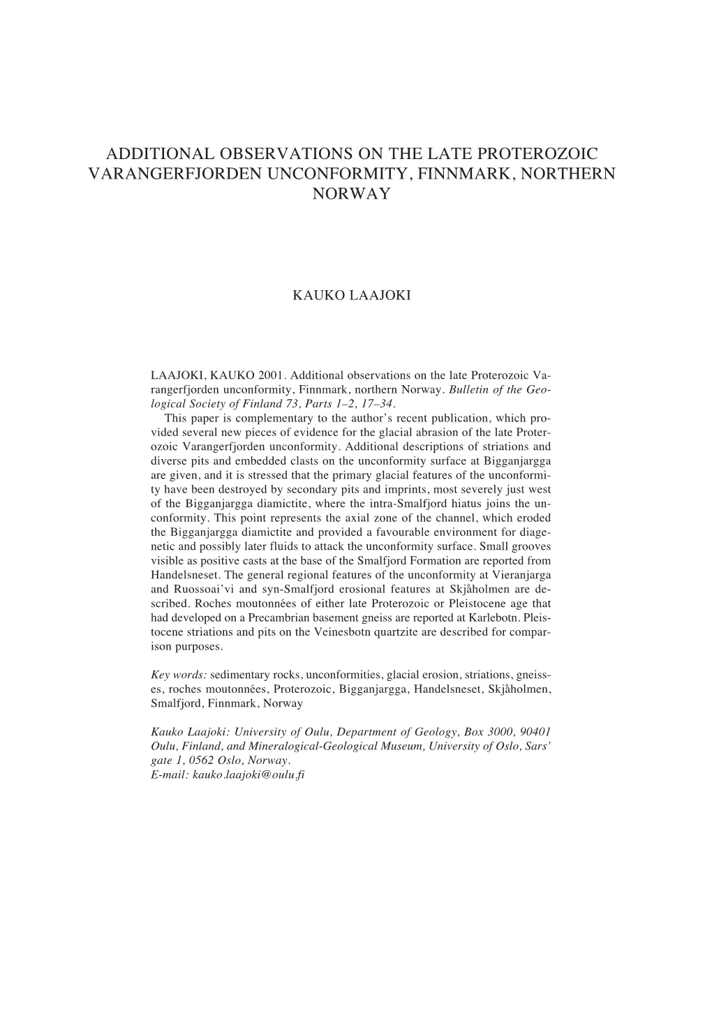 Additional Observations on the Late Proterozoic Varangerfjorden Unconformity, Finnmark, Northern Norway