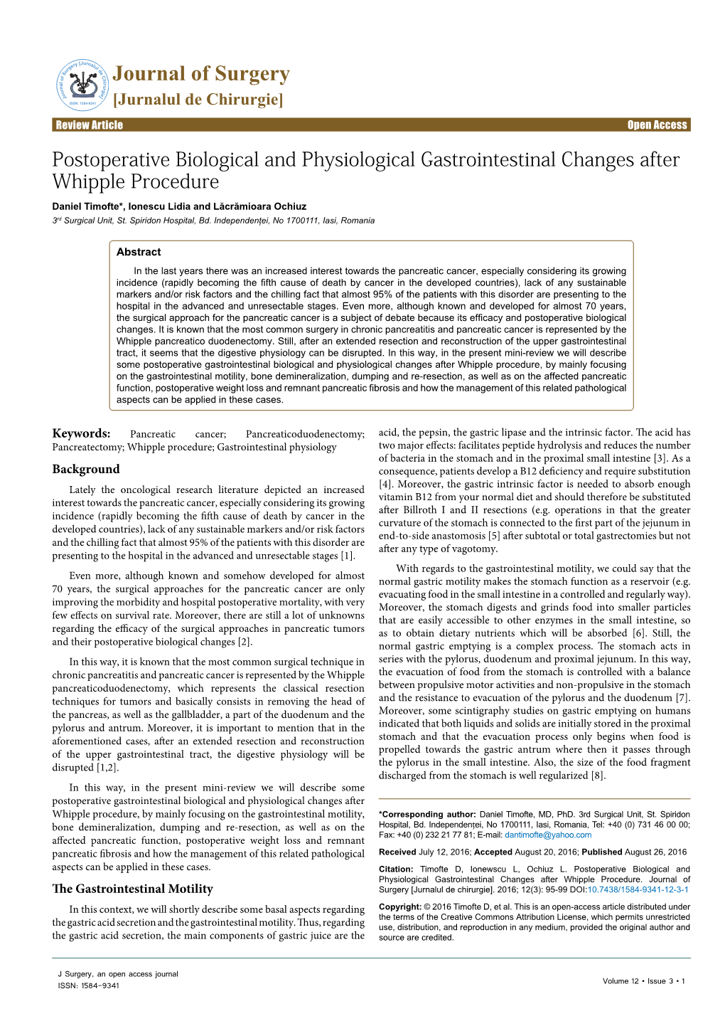 Postoperative Biological and Physiological Gastrointestinal Changes After Whipple Procedure