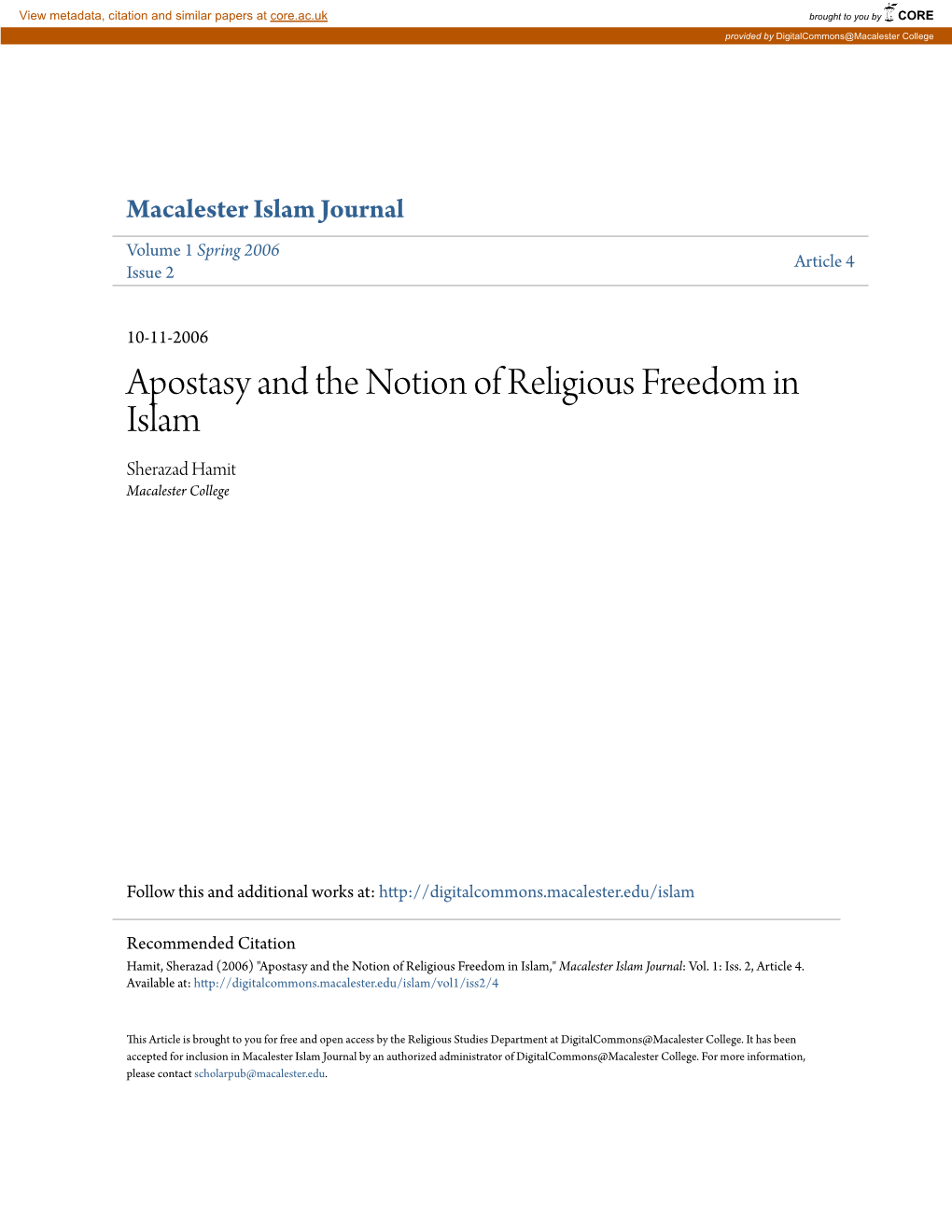 Apostasy and the Notion of Religious Freedom in Islam Sherazad Hamit Macalester College