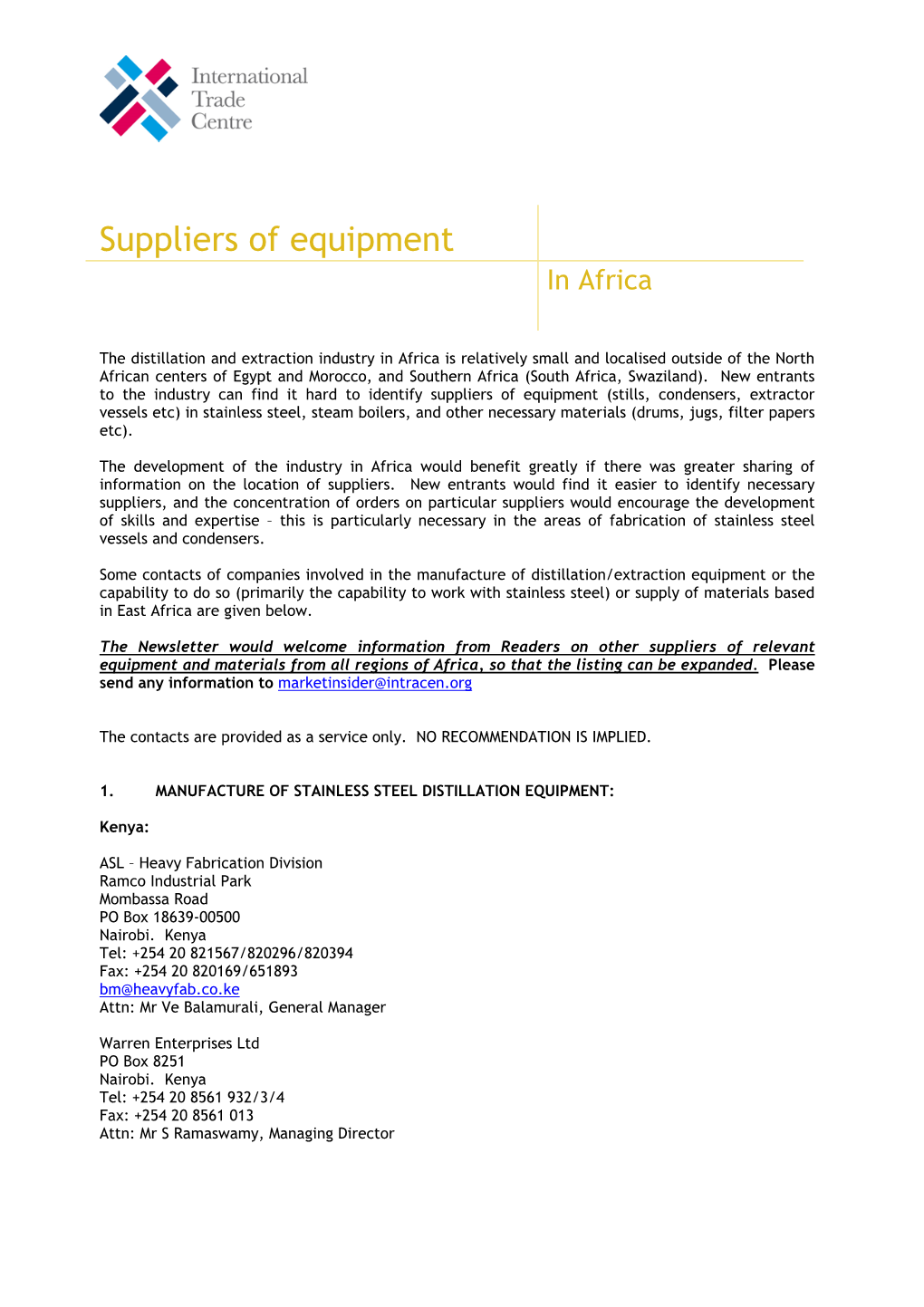 Suppliers of Equipment in Africa