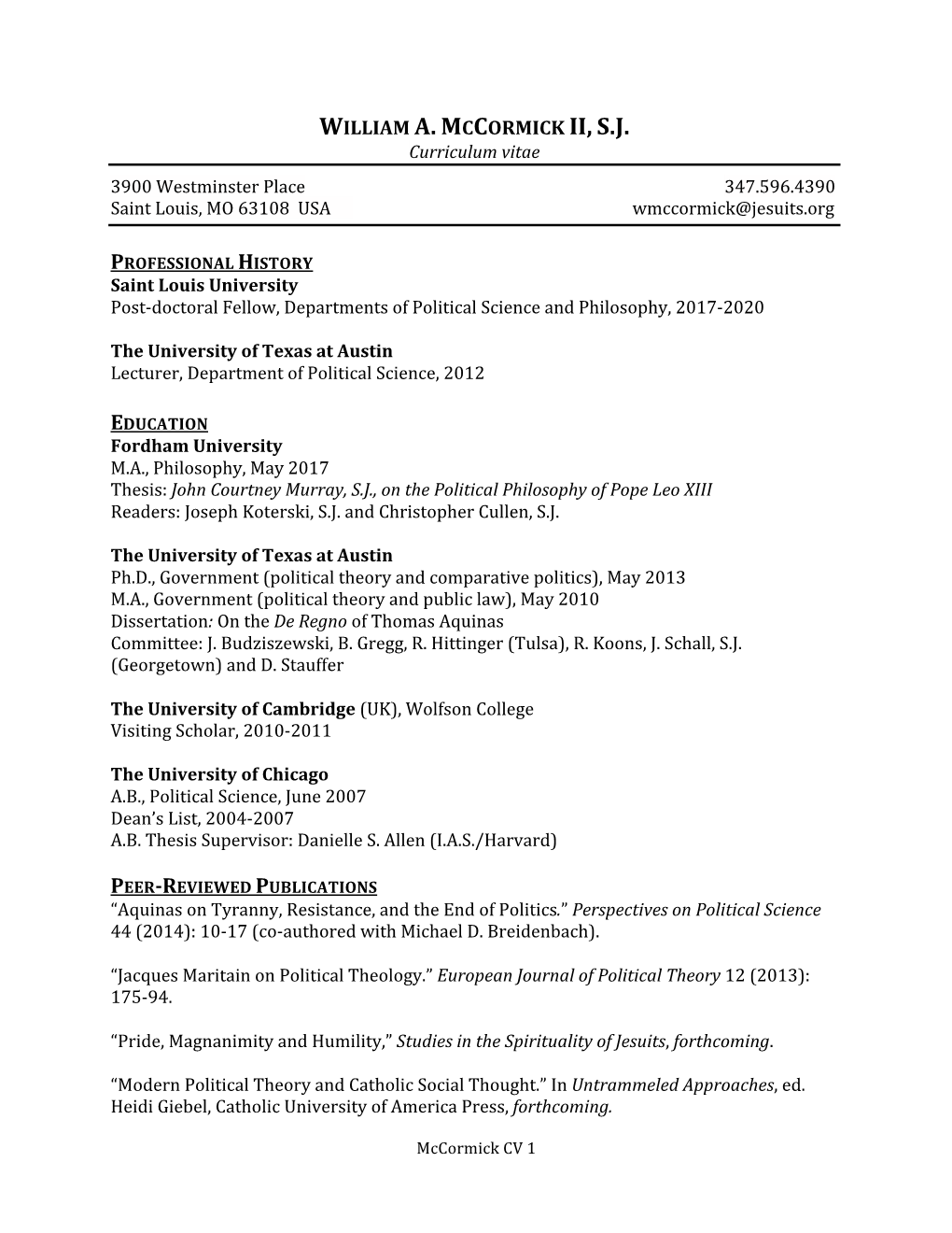 WILLIAM A. MCCORMICK II, S.J. Curriculum Vitae