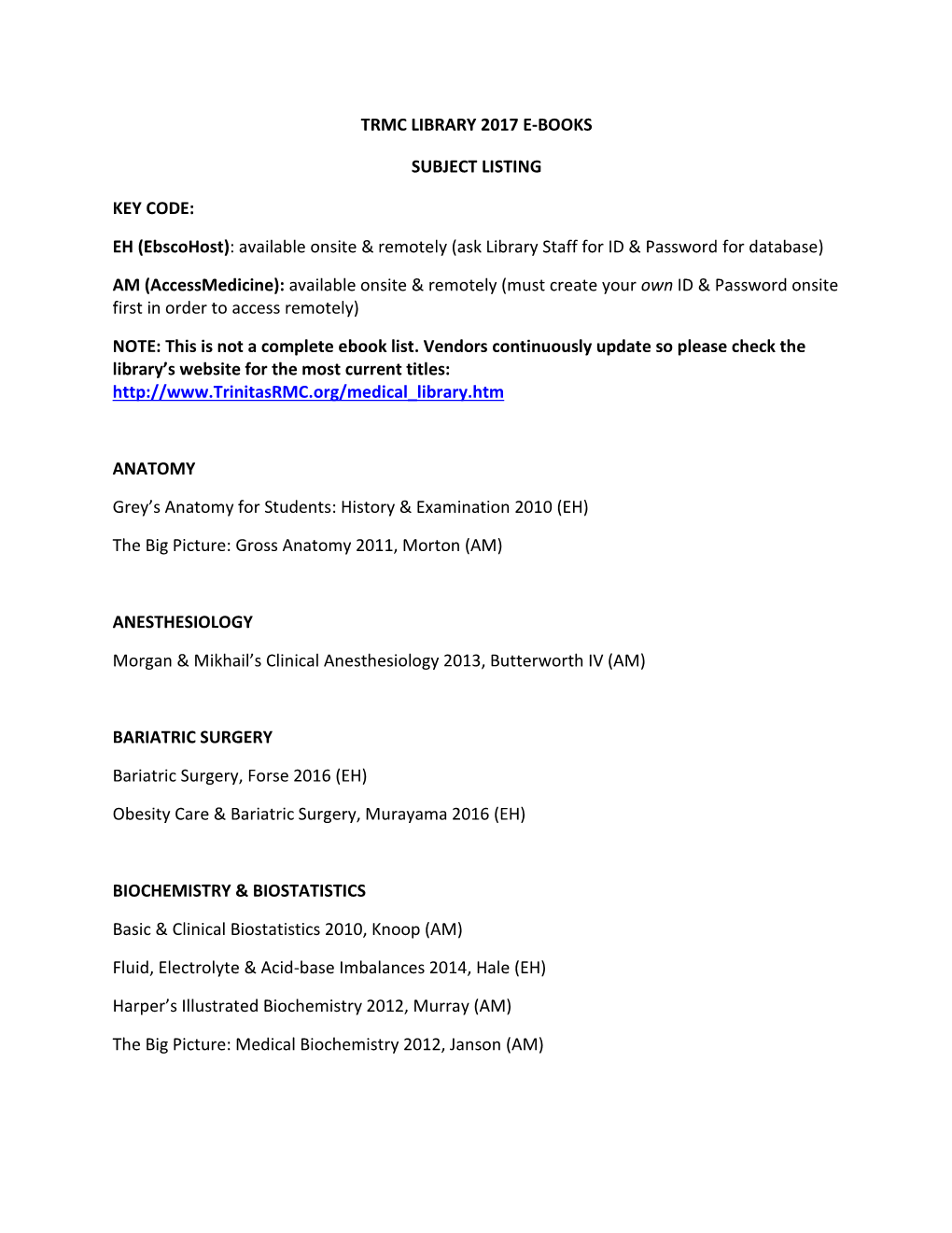 Trmc Library 2017 E-Books Subject Listing Key Code: Eh