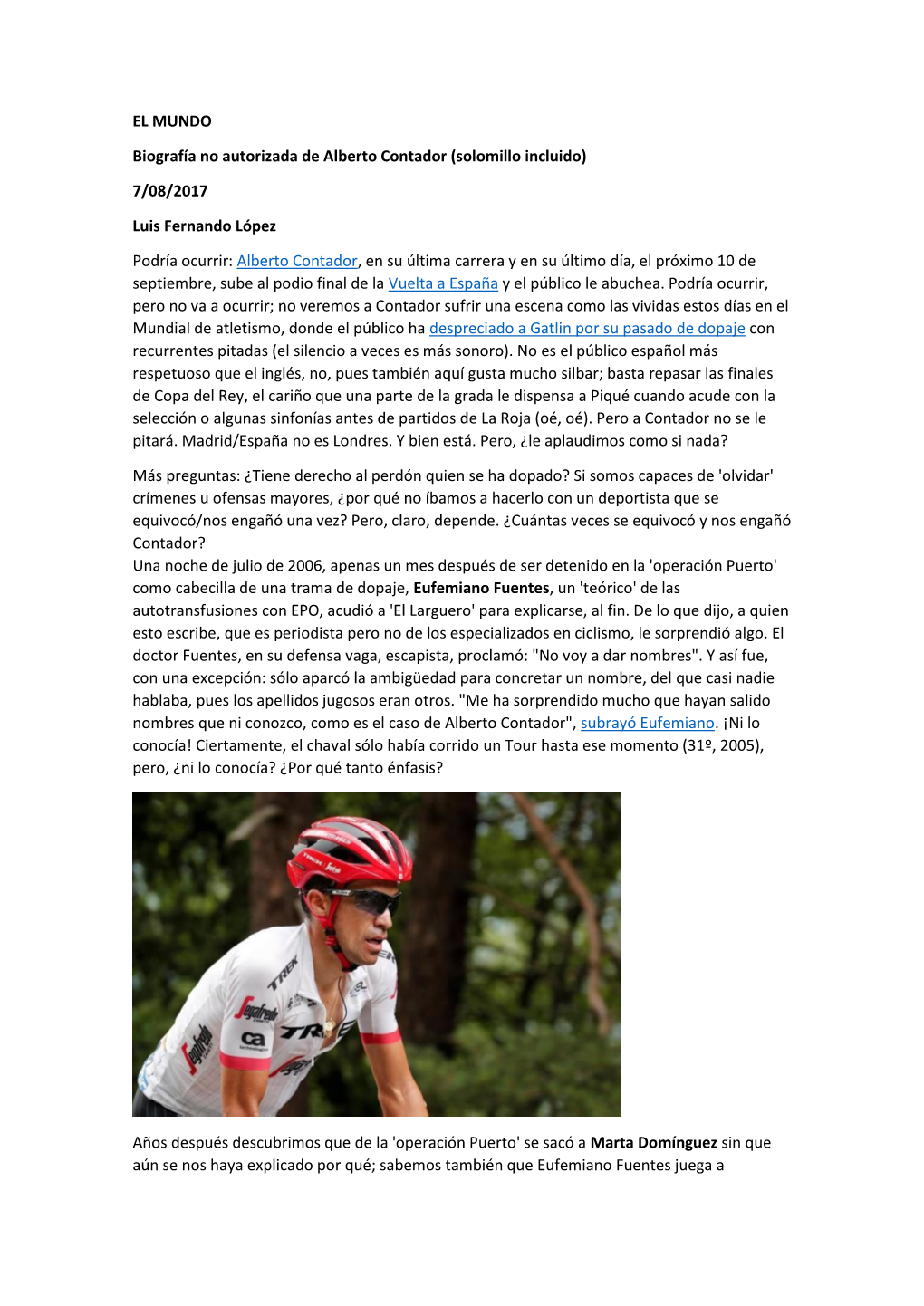 EL MUNDO Biografía No Autorizada De Alberto Contador (Solomillo