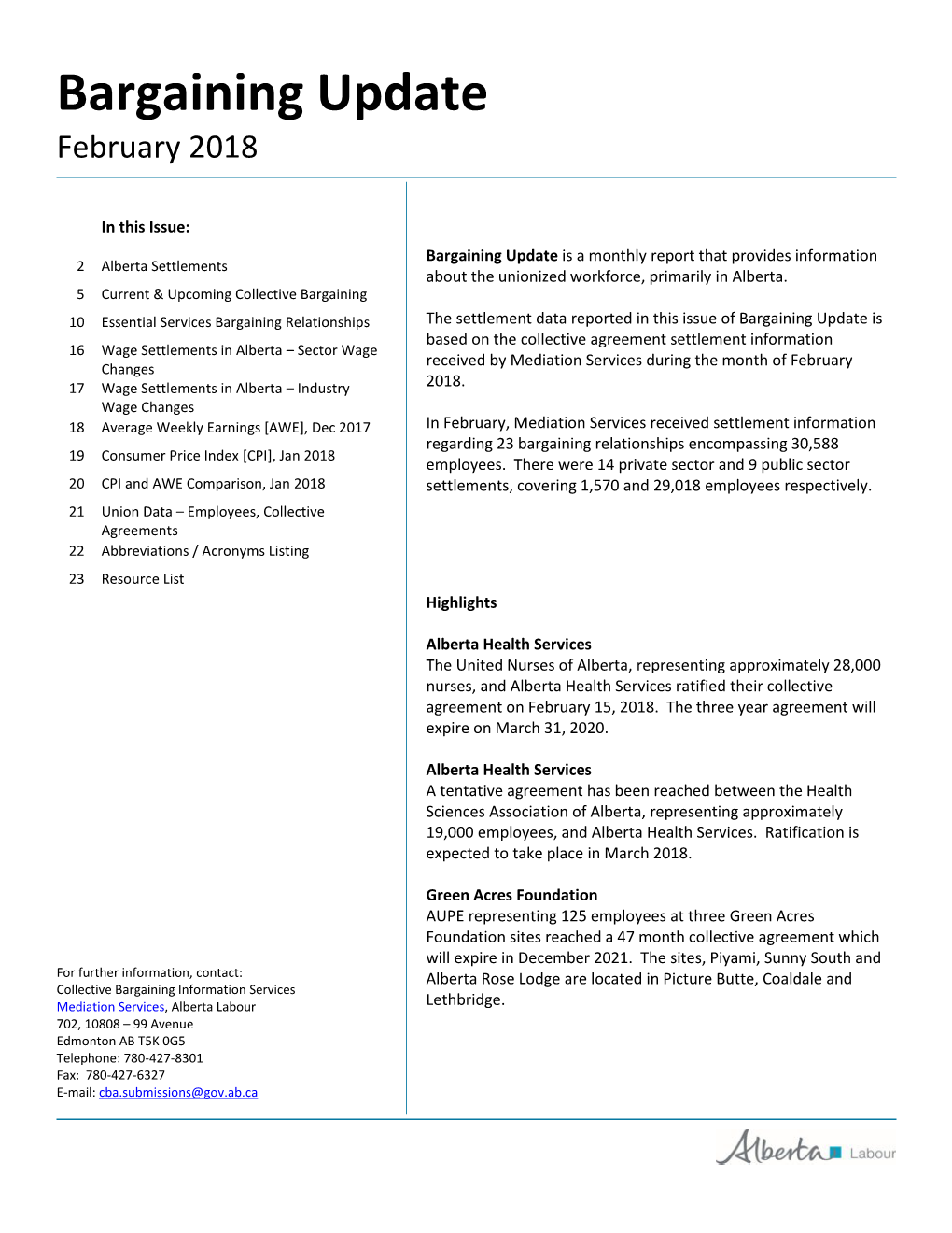 Bargaining Update, February 2018