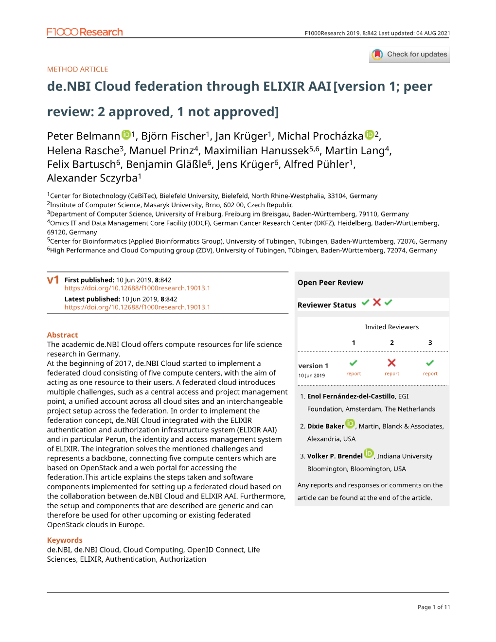 De.NBI Cloud Federation Through ELIXIR AAI[Version 1; Peer Review