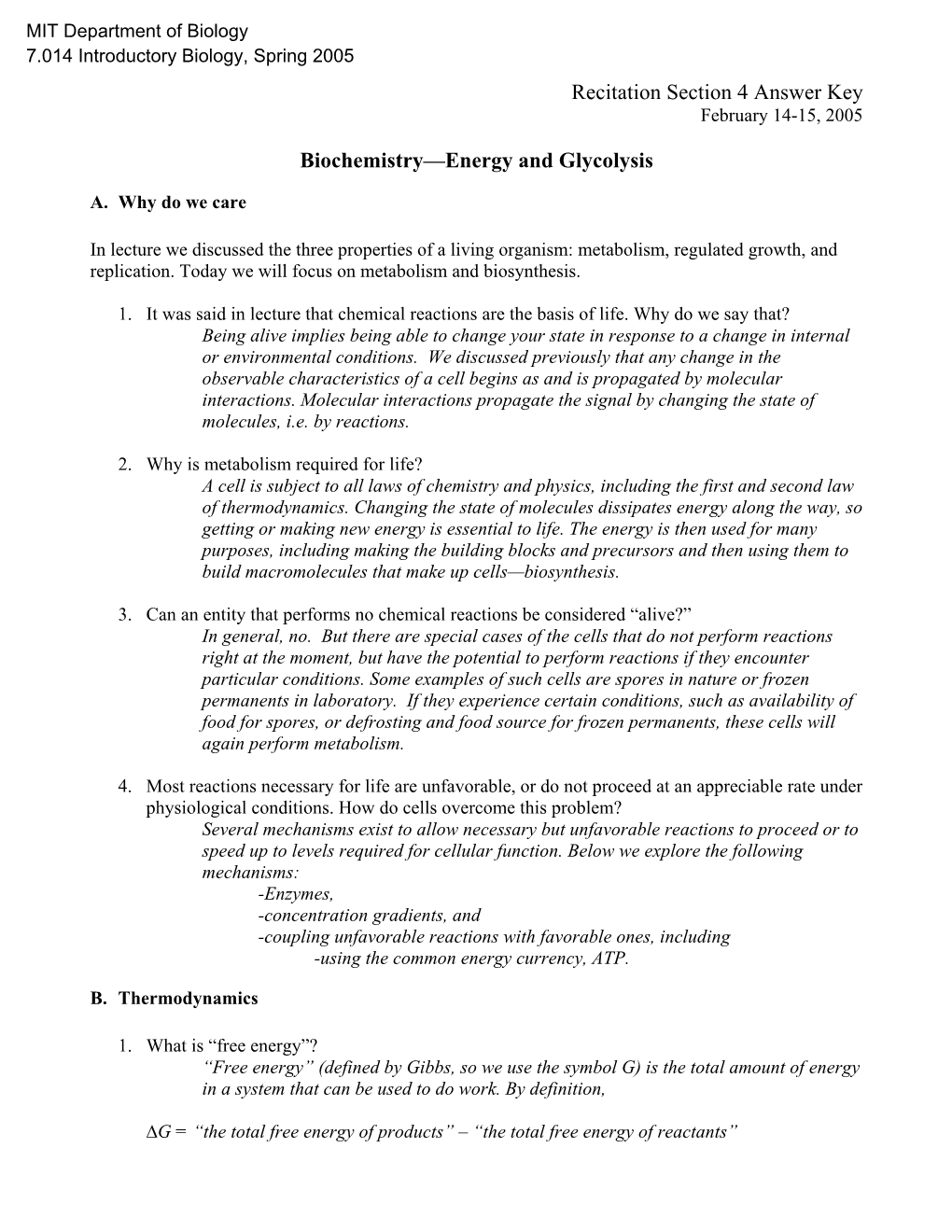 Recitation Section 4 Answer Key Biochemistry—Energy and Glycolysis