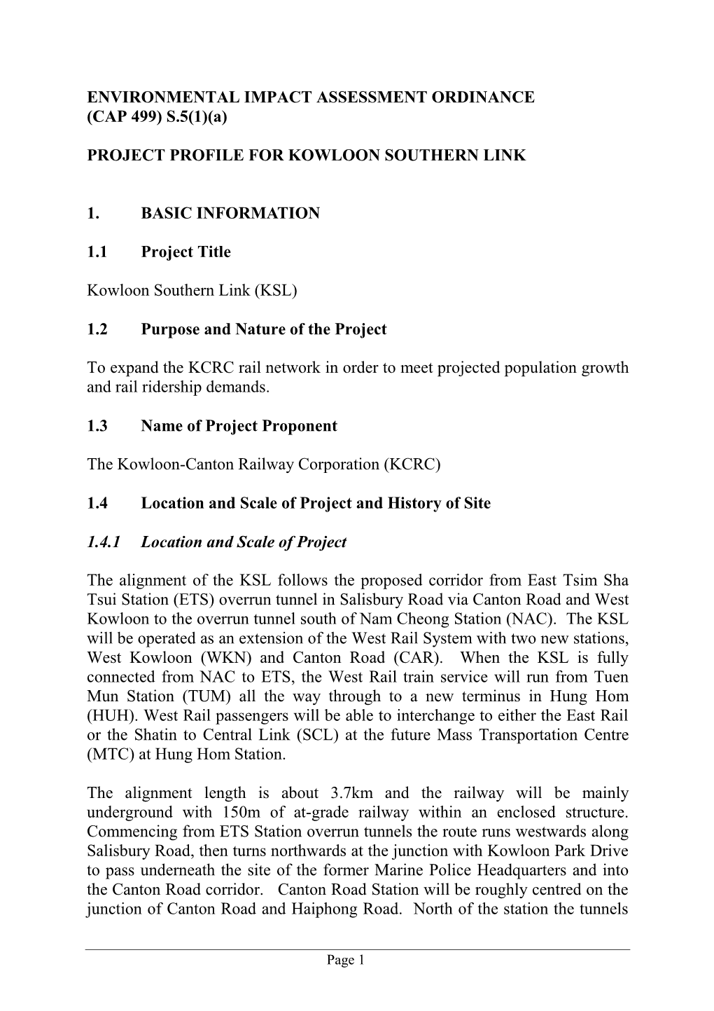 (A) PROJECT PROFILE for KOWLOON SOUTHERN LINK 1