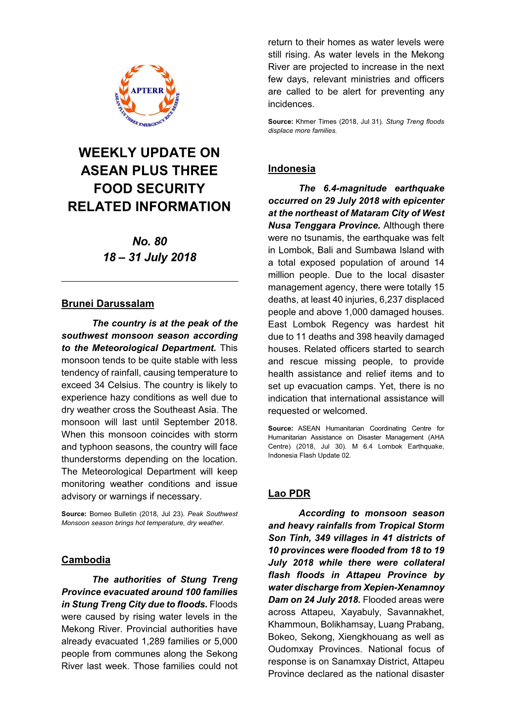 Weekly Update on Asean Plus Three Food Security