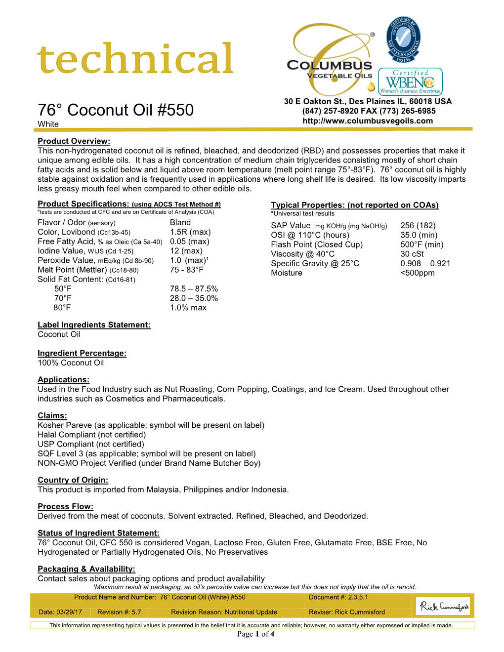 76° Coconut Oil #550 (847) 257-8920 FAX (773) 265-6985 White