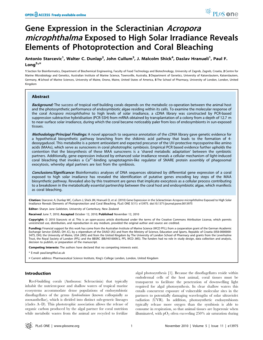 Gene Expression in the Scleractinian Acropora Microphthalma Exposed to High Solar Irradiance Reveals Elements of Photoprotection and Coral Bleaching