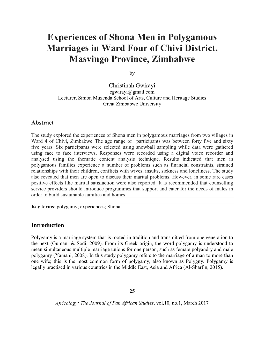 Experiences of Shona Men in Polygamous Marriages in Ward Four of Chivi District, Masvingo Province, Zimbabwe