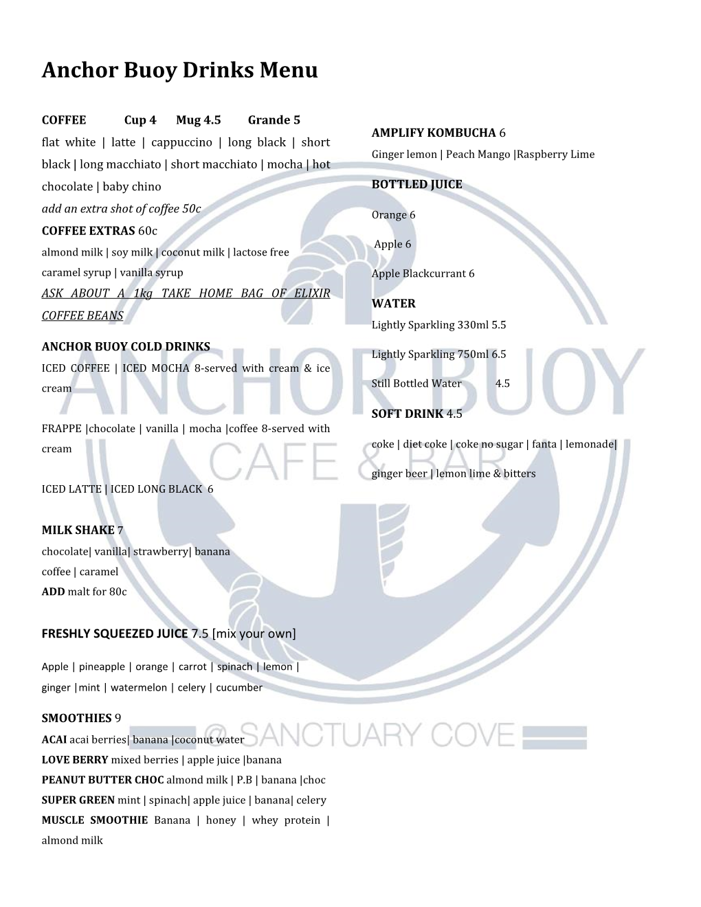 Anchor Buoy Drinks Menu