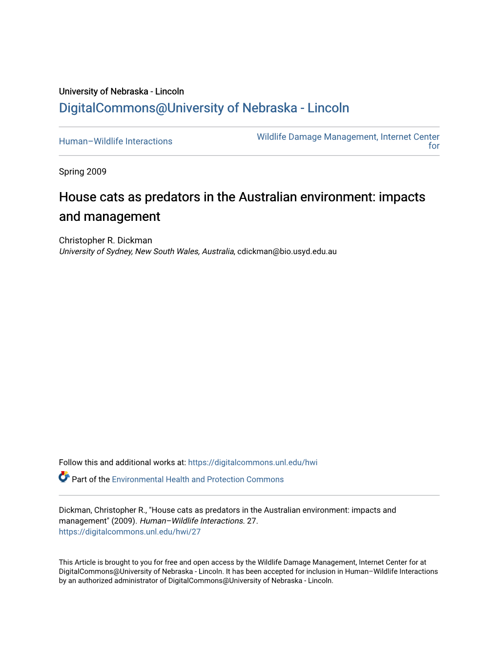 House Cats As Predators in the Australian Environment: Impacts and Management