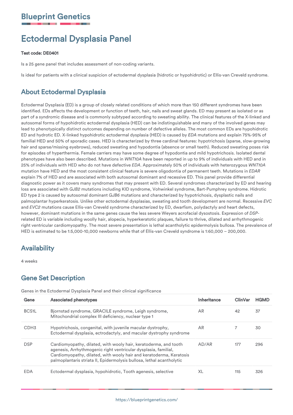 Blueprint Genetics Ectodermal Dysplasia Panel