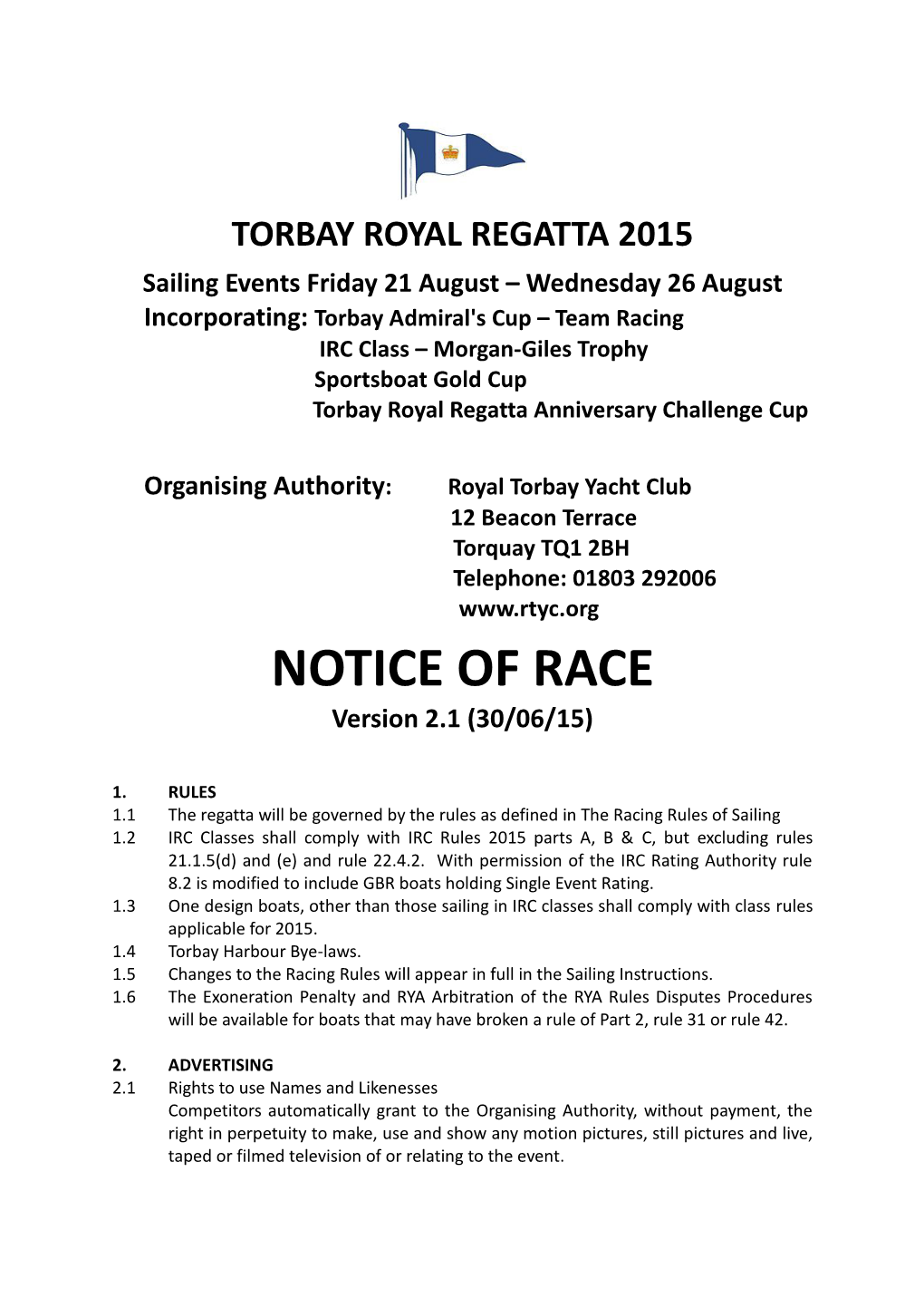 NOTICE of RACE Version 2.1 (30/06/15)