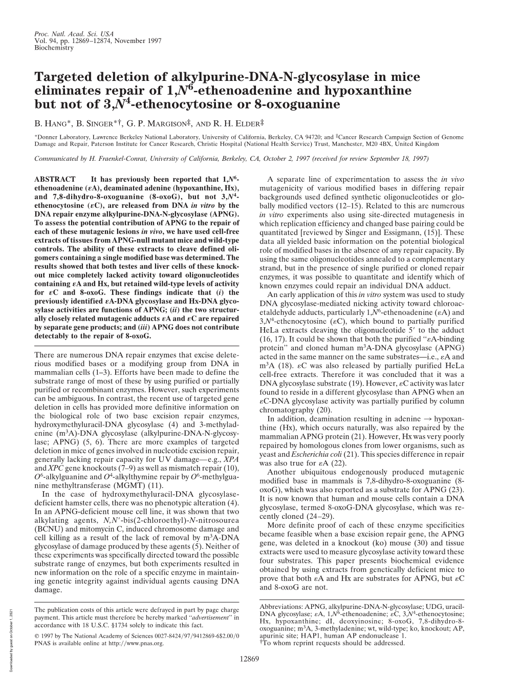 Targeted Deletion of Alkylpurine-DNA-N-Glycosylase in Mice Eliminates Repair of 1,N6-Ethenoadenine and Hypoxanthine but Not of 3,N4-Ethenocytosine Or 8-Oxoguanine