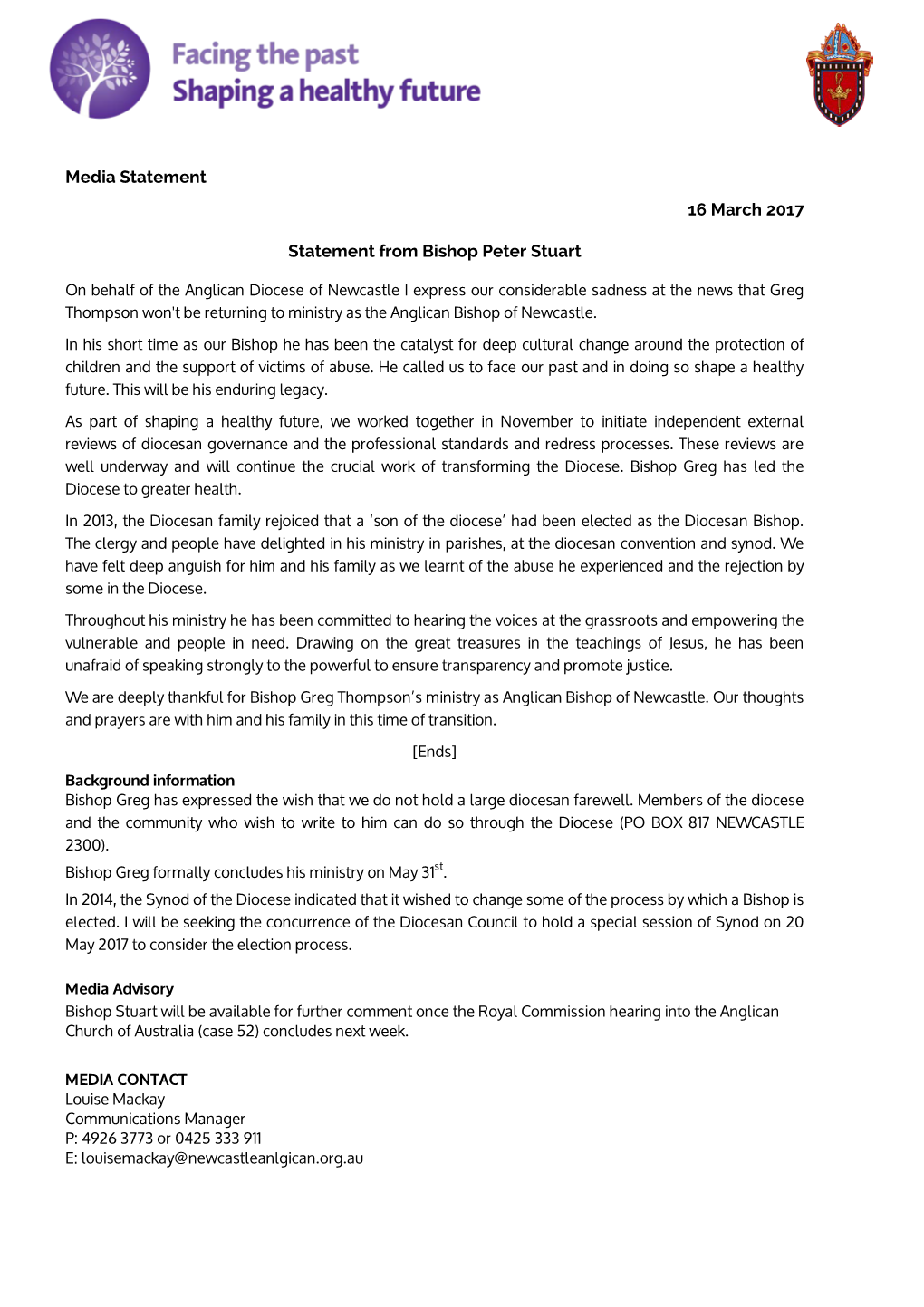 Media Statement 16 March 2017 Statement from Bishop Peter Stuart