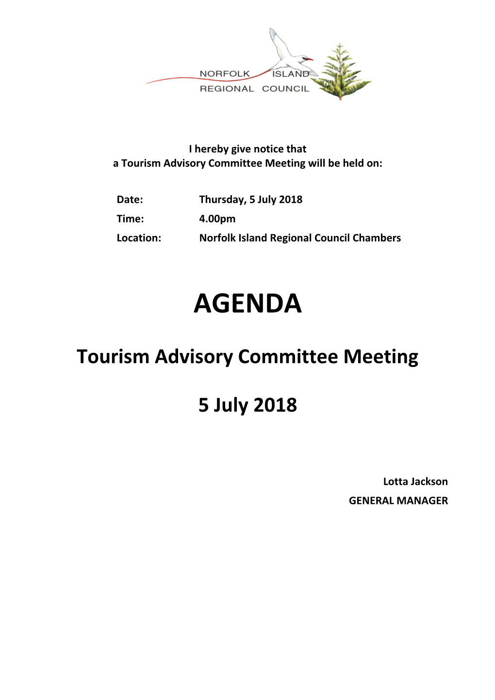 Agenda of Tourism Advisory Committee Meeting
