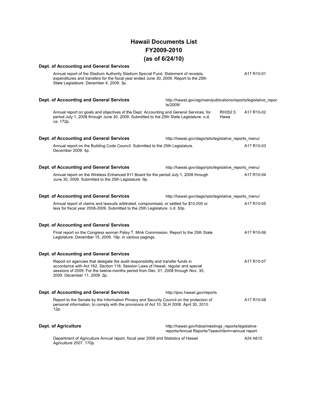 Hawaii Documents List FY 2009-10