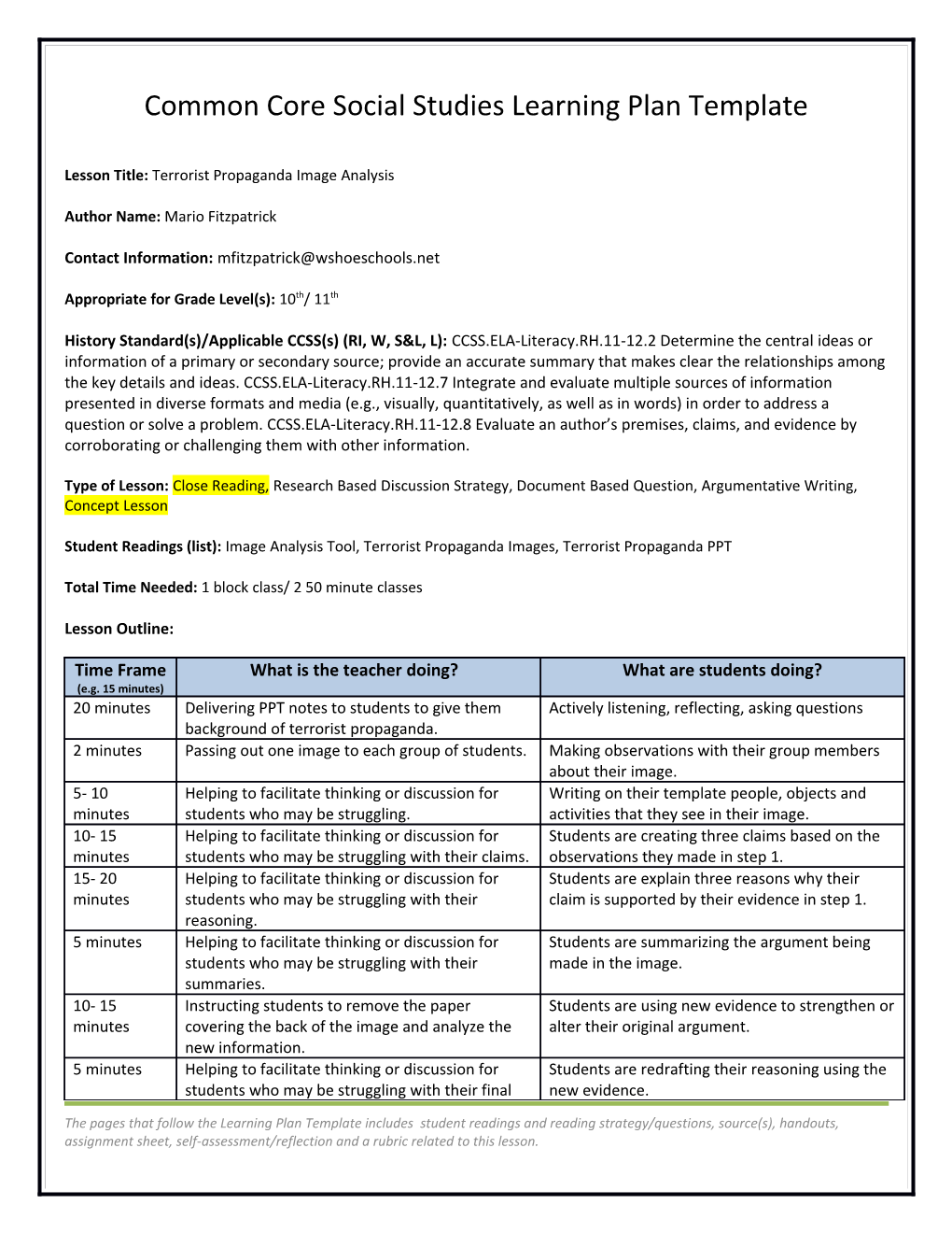 Common Core Social Studies Learning Plan Template s2