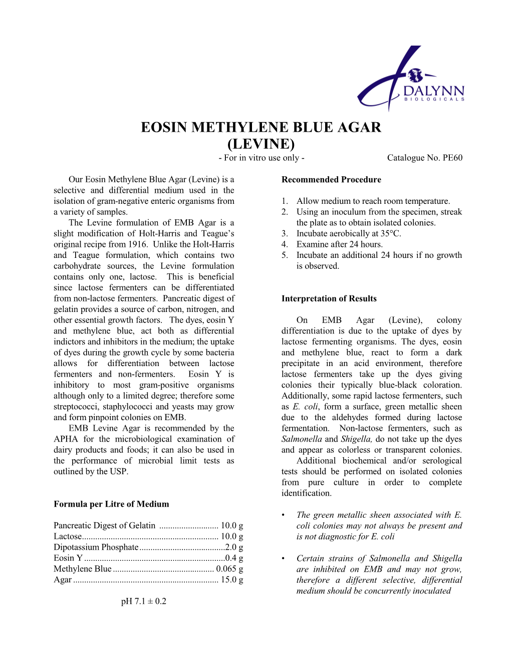 EOSIN METHYLENE BLUE AGAR (LEVINE) - for in Vitro Use Only - Catalogue No