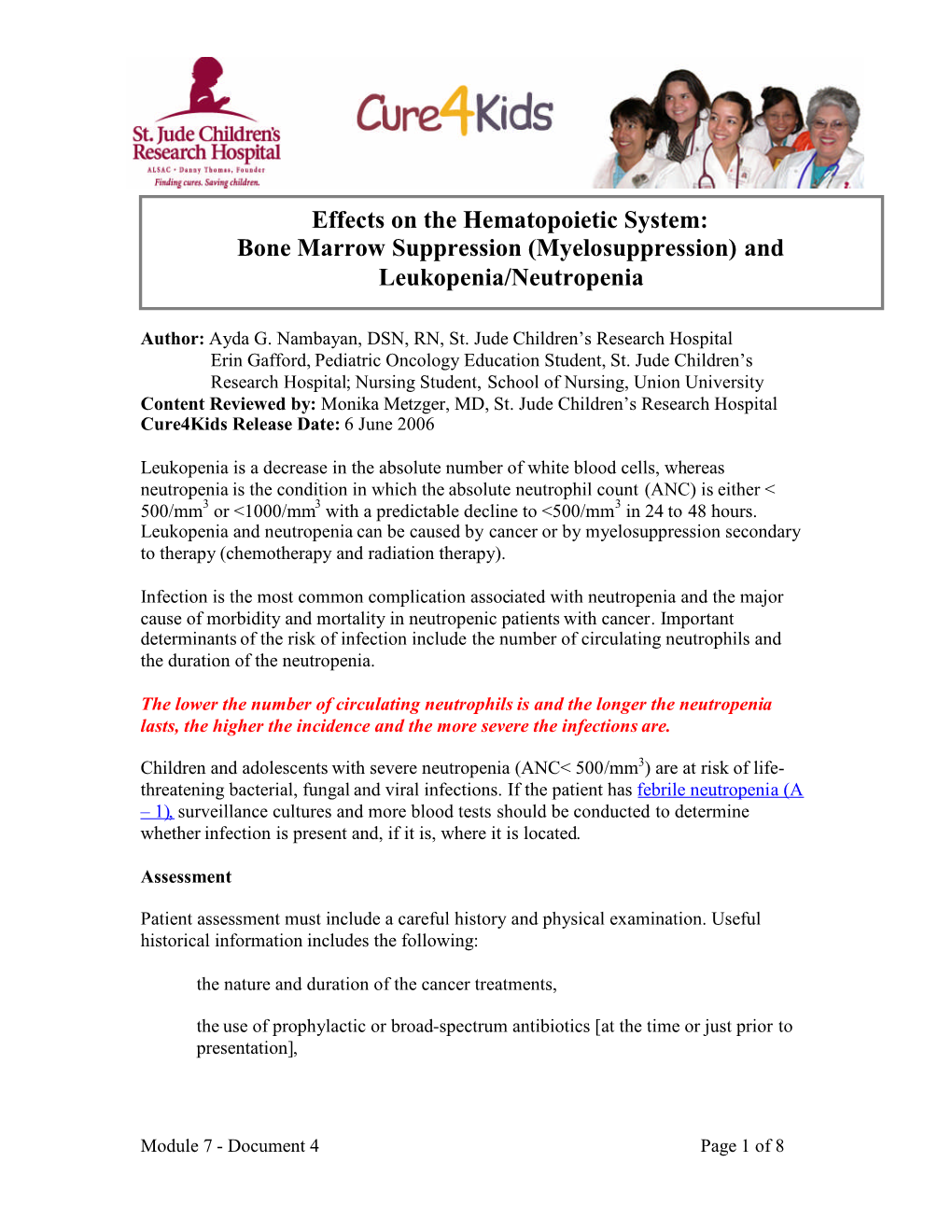 Bone Marrow Suppression (Myelosuppression) and Leukopenia/Neutropenia