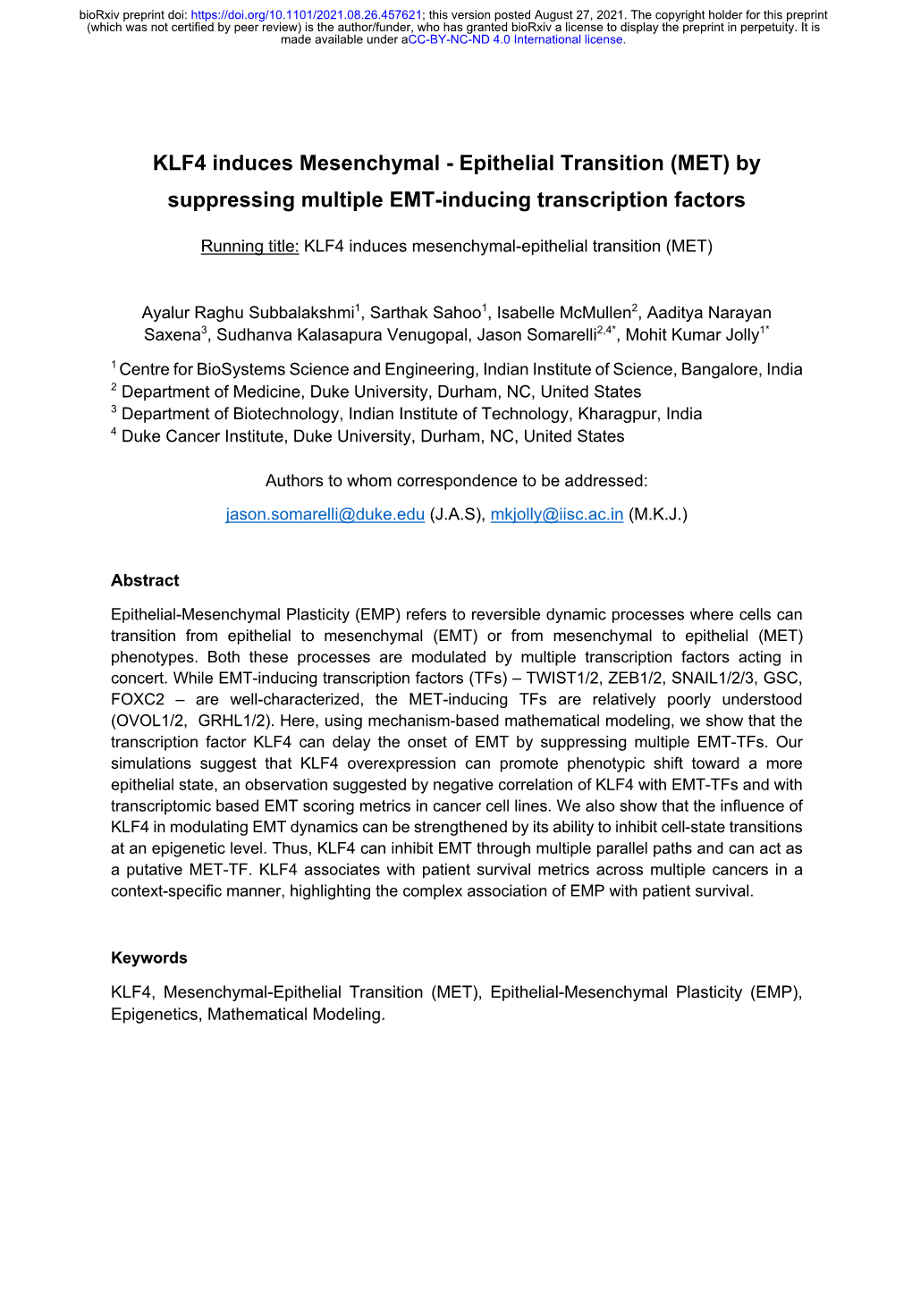 KLF4 Induces Mesenchymal-Epithelial Transition (MET)