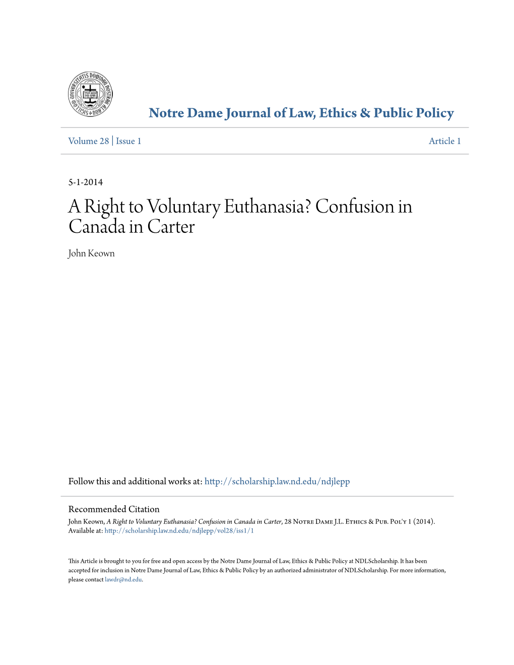 A Right to Voluntary Euthanasia? Confusion in Canada in Carter John Keown