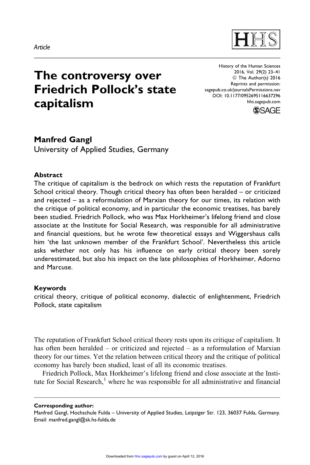 The Controversy Over Friedrich Pollock's State Capitalism