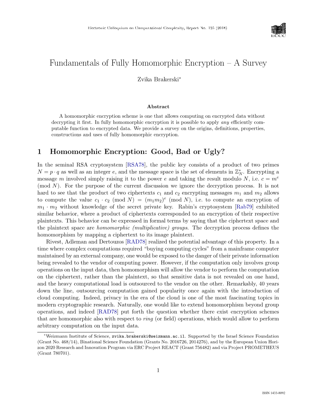 Fundamentals of Fully Homomorphic Encryption – a Survey