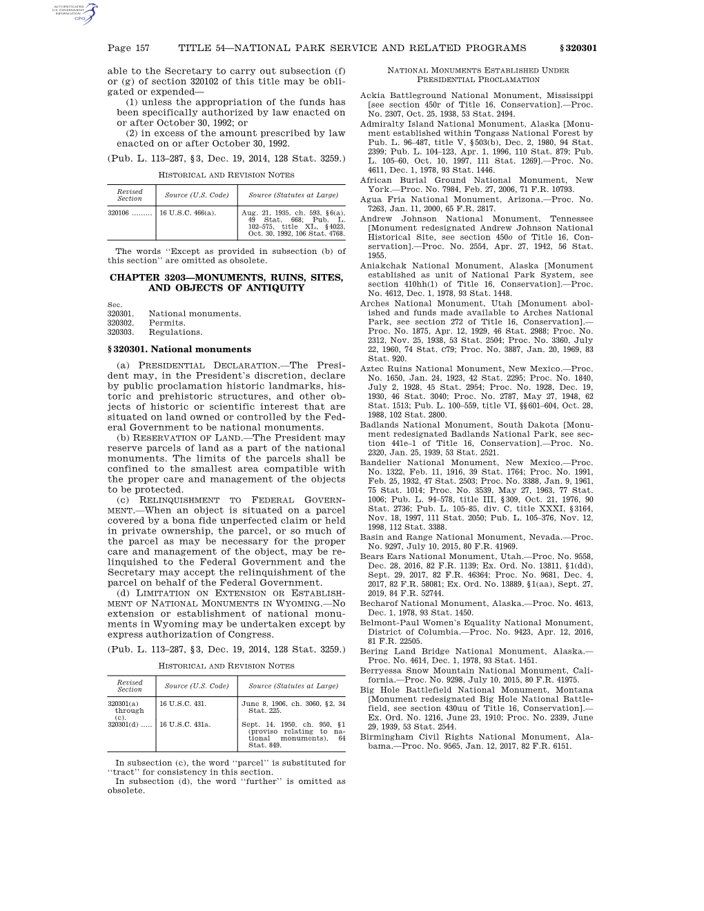 Page 157 TITLE 54—NATIONAL PARK SERVICE and RELATED PROGRAMS § 320301 Able to the Secretary to Carry out Subsection (F) Or (G