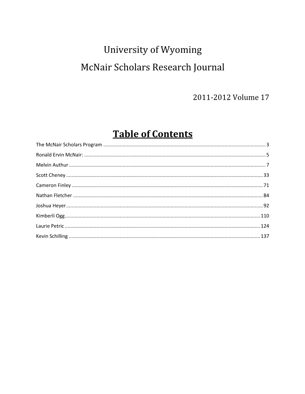 University of Wyoming Mcnair Scholars Research Journal Table Of