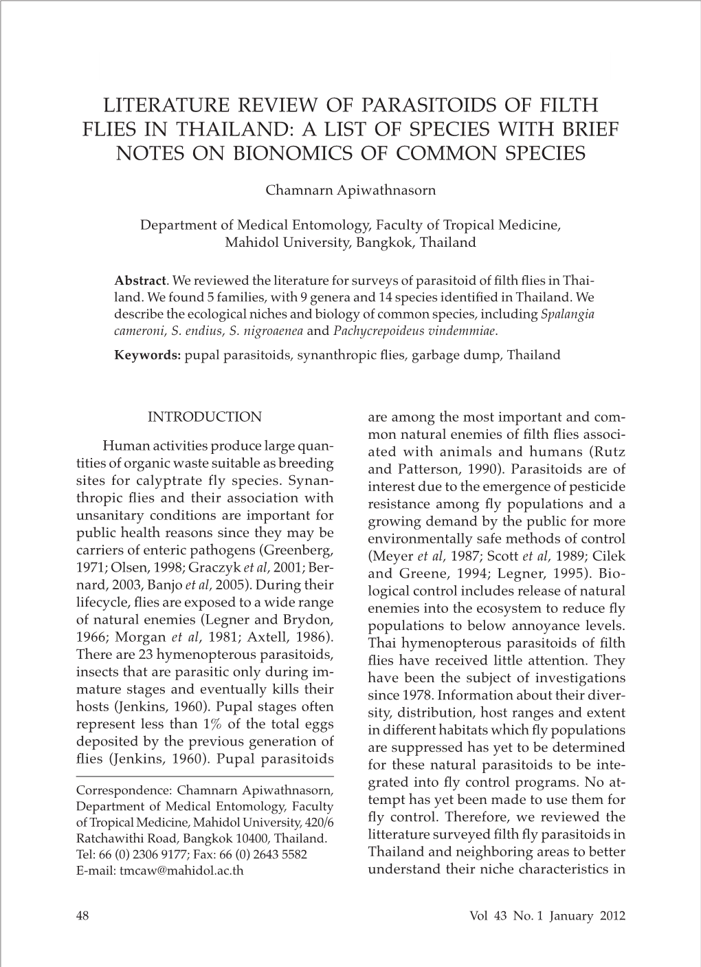 Literature Review of Parasitoids of Filth Flies in Thailand: a List of Species with Brief Notes on Bionomics of Common Species