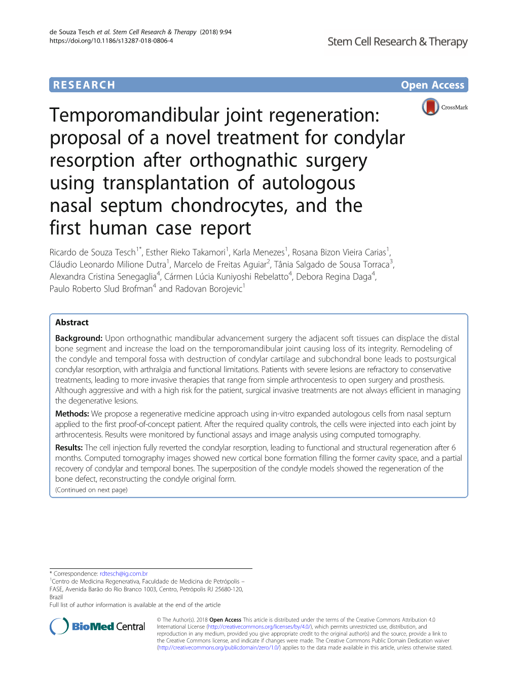 Temporomandibular Joint Regeneration: Proposal of a Novel Treatment for Condylar Resorption After Orthognathic Surgery Using