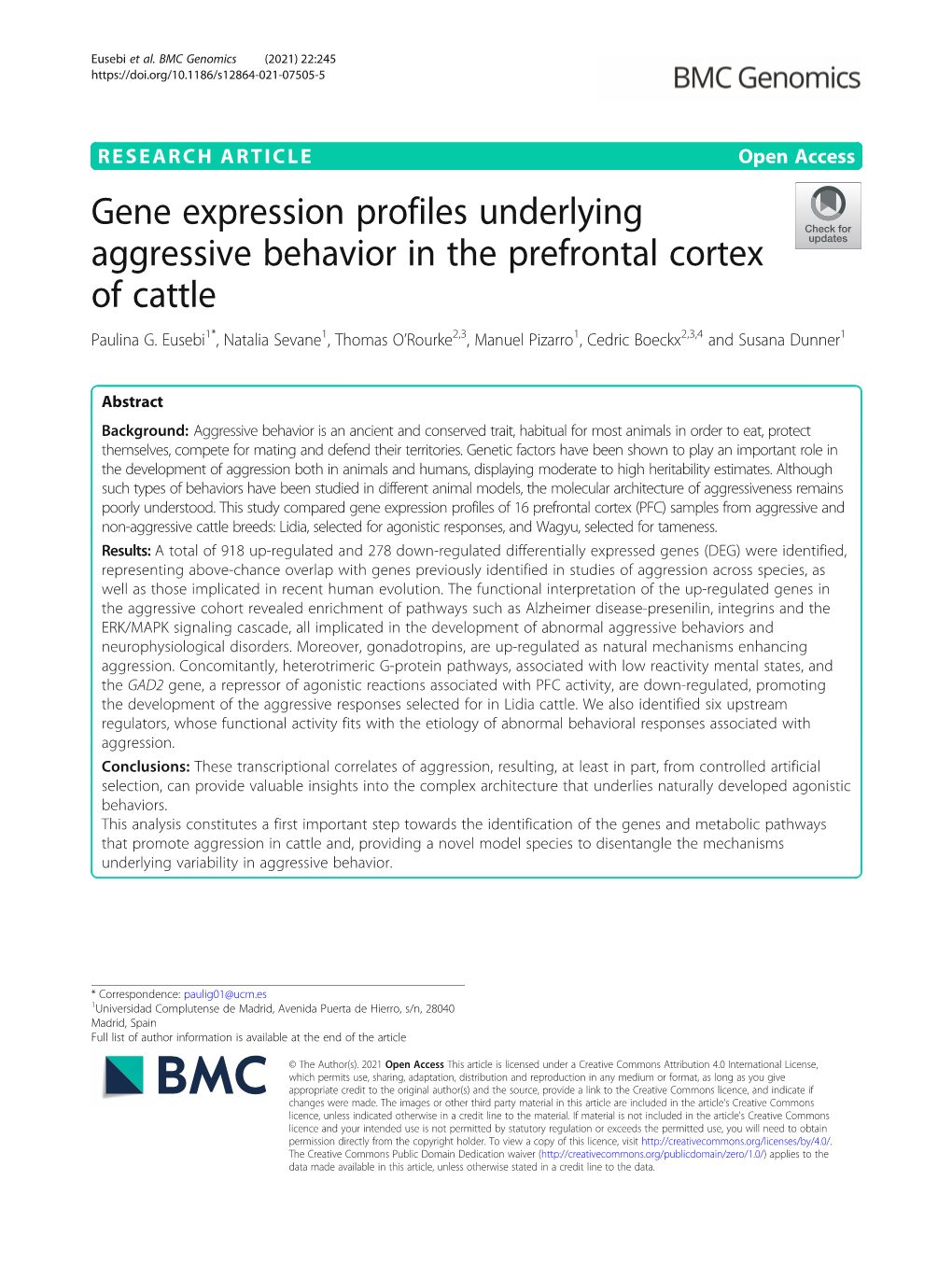 Gene Expression Profiles Underlying Aggressive Behavior in the Prefrontal Cortex of Cattle Paulina G
