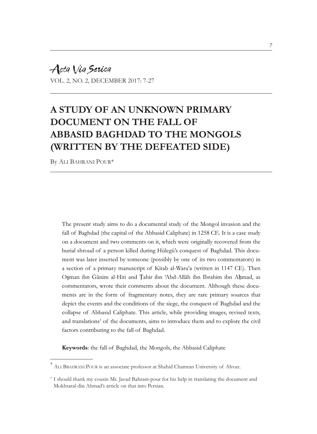 A Study of an Unknown Primary Document on the Fall of Abbasid Baghdad to the Mongols (Written by the Defeated Side)