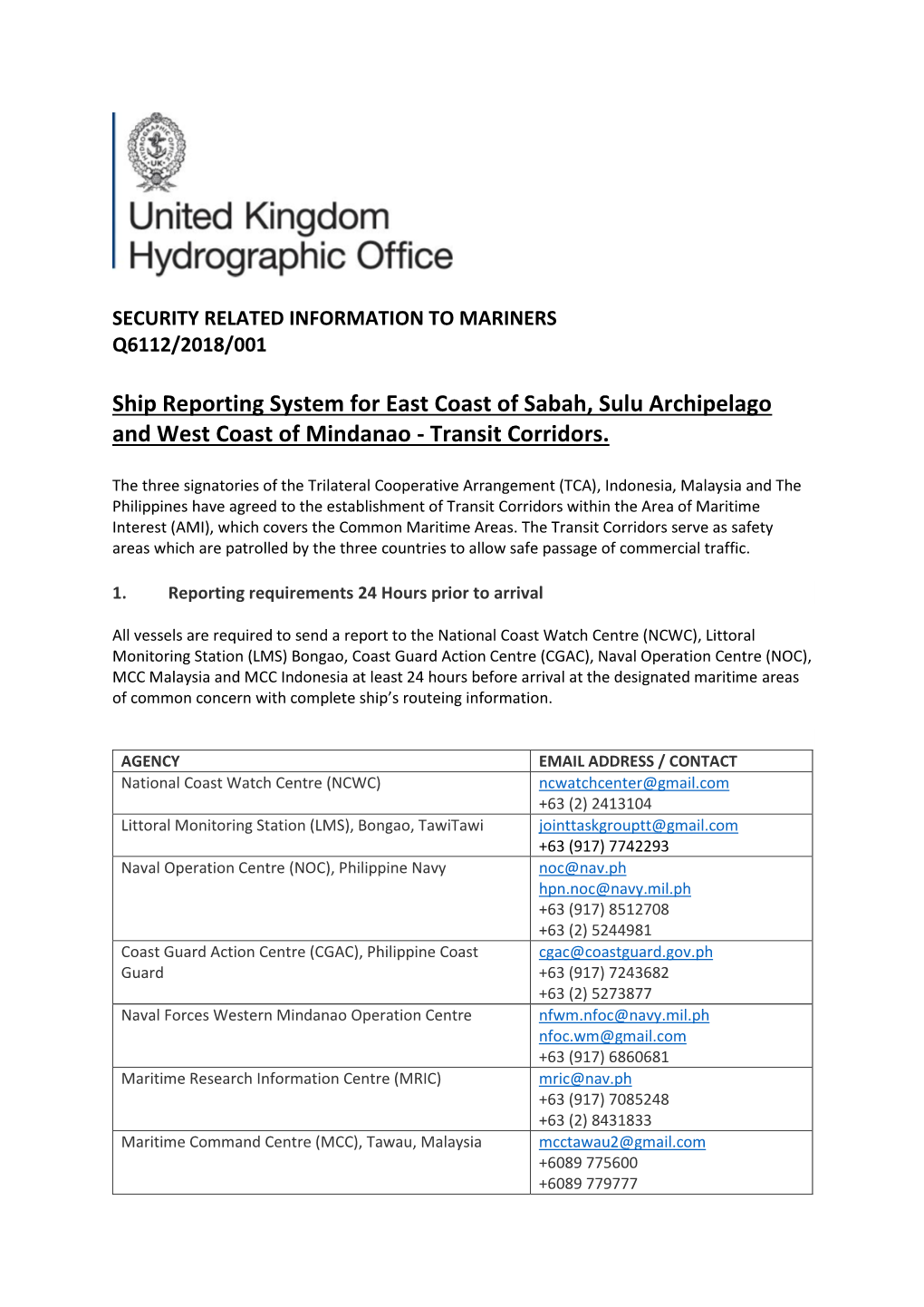 Ship Reporting System for East Coast of Sabah, Sulu Archipelago and West Coast of Mindanao - Transit Corridors